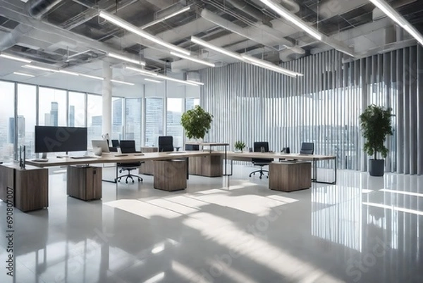 Fototapeta A contemporary office space in muted grays and whites with modern furnishings