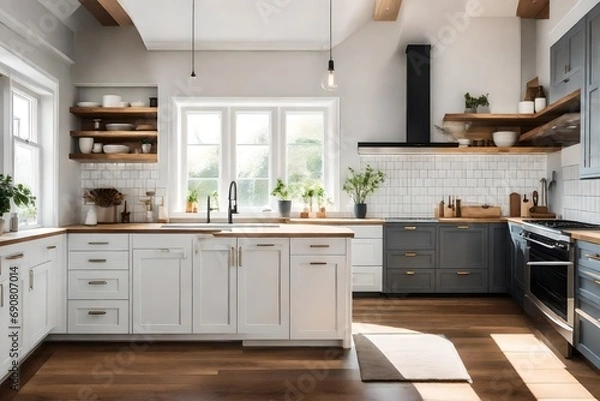 Fototapeta An uncluttered kitchen with pristine countertops, minimalist cabinetry, and soft lighting