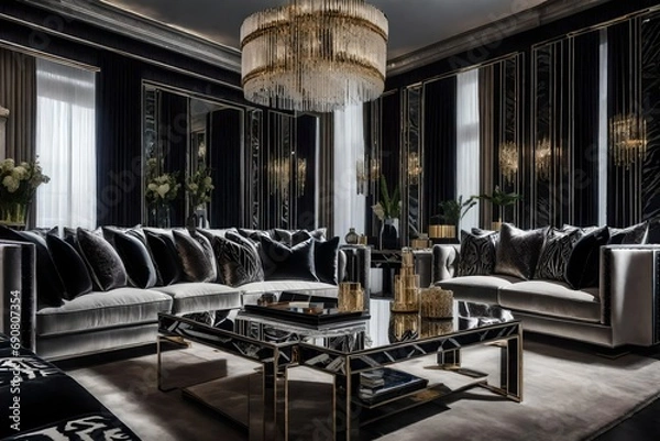 Fototapeta A glamorous living room with bold black and white patterns, mirrored furnishings, and lavish velvet upholstery