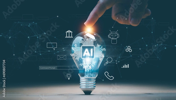 Fototapeta Artificial intelligence or AI of futuristic technology concept, Lightbulb on table with finger point on top, Internet of Things, futuristic innovation, smart communication network.