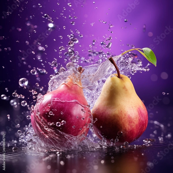 Fototapeta Fruits in Motion Pears Splash into Water Healthy Snack Purple Background Refreshing Delicious Healthy AI Generated 