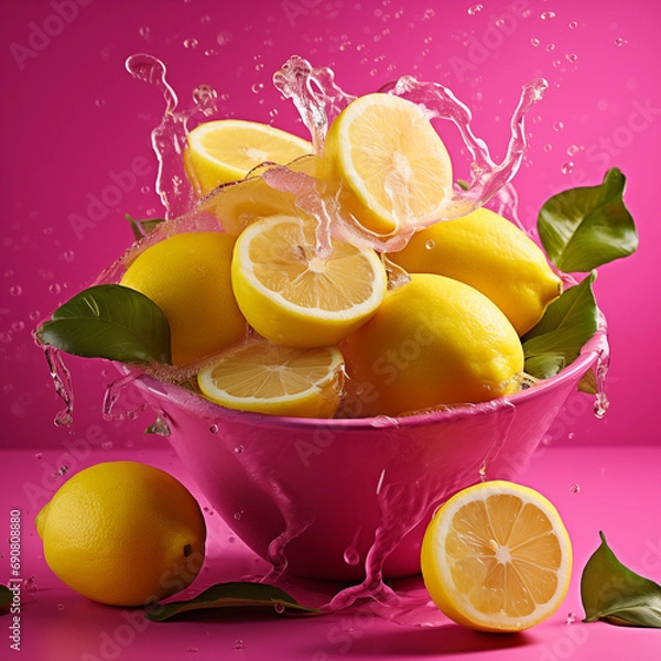 Fototapeta Fresh Lemons in a Pink Bowl with a Vivid Pink Background  Summery Juicy Generative AI