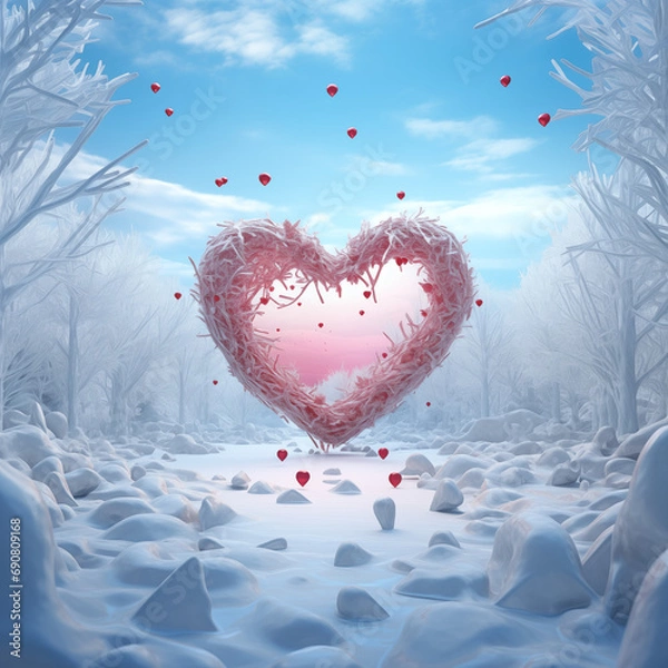 Fototapeta Winter Pathway to the Heart Magical Winter Landscape with Heart Floating Hart Romantic Valentines Day AI Generated Art