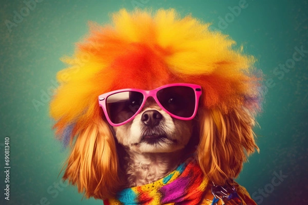 Fototapeta Funny dog resting in disco on bright background