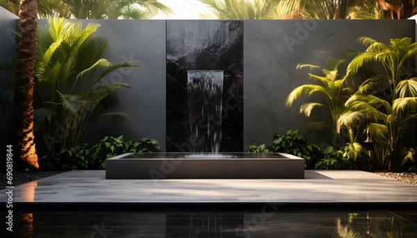 Fototapeta a small water wall made of black tile sits near a serene meditation platform