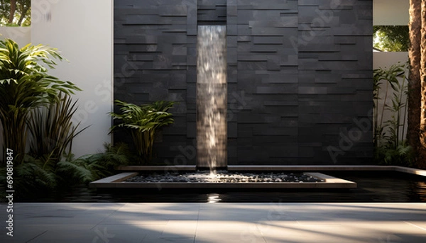 Fototapeta a small water wall made of black tile sits near a serene meditation platform
