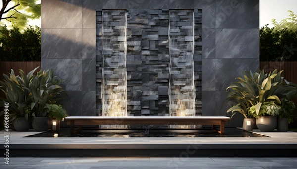 Fototapeta a small water wall made of black tile sits near a serene meditation platform