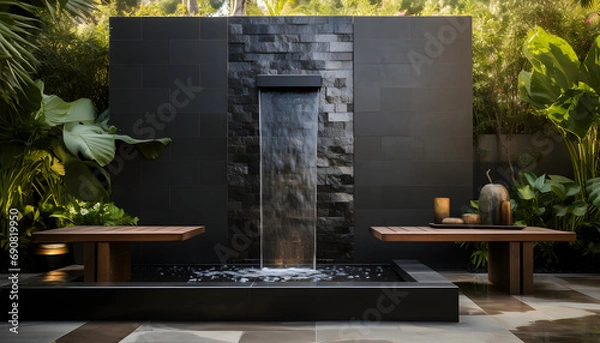 Fototapeta a small water wall made of black tile sits near a serene meditation platform