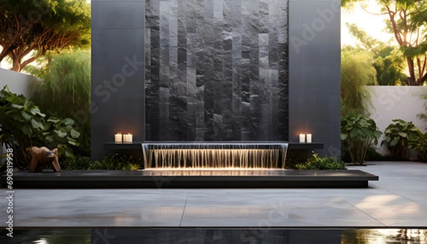 Fototapeta a small water wall made of black tile sits near a serene meditation platform