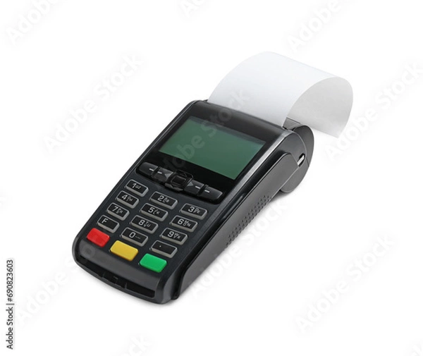 Fototapeta Payment terminal with thermal paper for receipt isolated on white