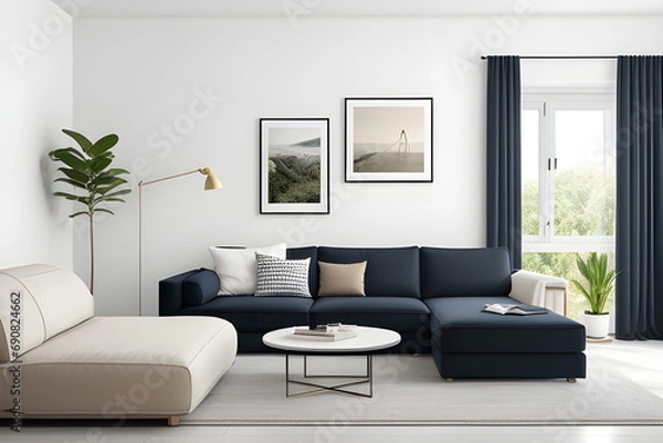 Fototapeta Horizontal Picture Frame Mockup Template with Big Sofa in Modern Minimalistic Living Room
