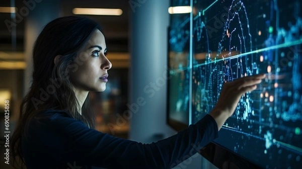 Obraz A female data scientist developing a machine learning model using AI. Her screen is filled with complex algorithms and data flow diagrams. generative AI