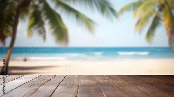 Fototapeta Dark wood floor top on blur tropical beach background, Advertisement, Print media, Illustration, Banner, for website, copy space, for word, template, presentation.