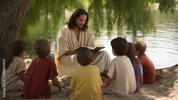 Fototapeta Jesus sitting in clearing under tree reading book and smiling with children. Jesus teaches children new knowledge by reading book under tree on warm summer day. Jesus shares knowledge with children