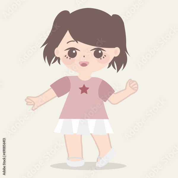 Fototapeta  the girl is wearing a pink dress with star print in the middle, in the style of simplistic cartoon, light white and brown, energetic expressions, light red and dark brown, simple, tinycor