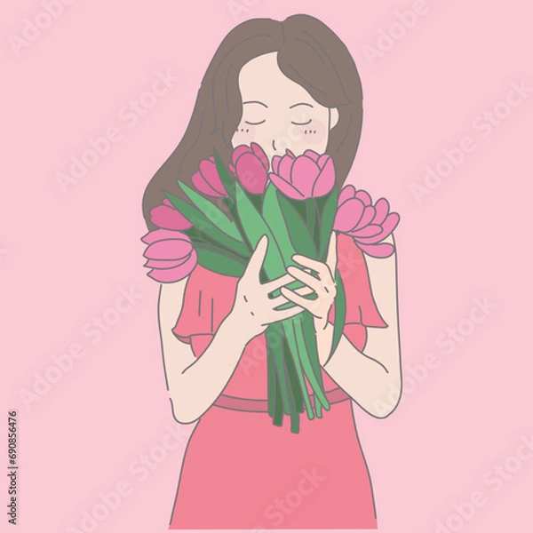 Fototapeta woman holding bunch of tulips, in the style of darkly romantic illustrations, light pink, cartoonish innocence, animated gifas, hallyu, romantic illustrations, emotional expression
