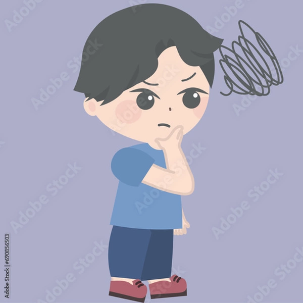 Fototapeta cartoon boy thinking for some minutes, vector illustration, in the style of intertwining materials, free brushwork, frayed, bad painting, violet and gray
