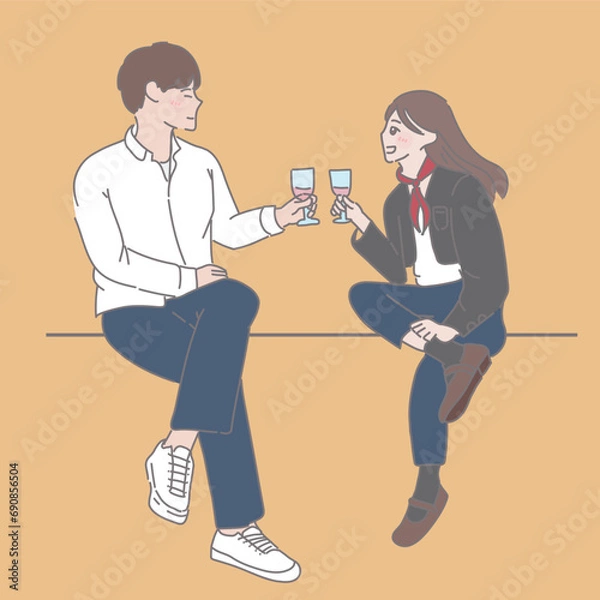 Fototapeta happy couple chatting in the evening, in the style of shige's visual aesthetic style, schoolgirl lifestyle, cult party kei, subtle chromatism, smooth and shiny