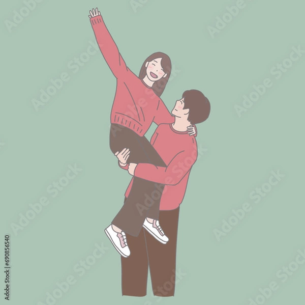 Fototapeta a couple holding each other, in the style of playful poses, light maroon and light green, normcore, the pictures generation, hallyu, love and romance, acrobatic self-portraits