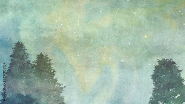 Fototapeta 神秘的なオーロラの空とモミの木|和紙テクスチャクリスマス背景イラスト（ライム）
