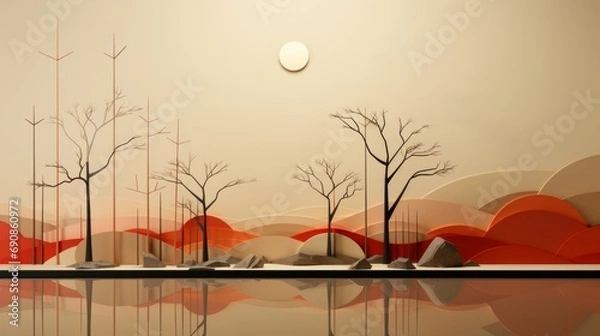 Fototapeta Nature's masterpiece of soaring trees and rugged rocks, framed by a vast sky and mirrored in a serene outdoor reflection, evokes a sense of untamed beauty and artistic wonder