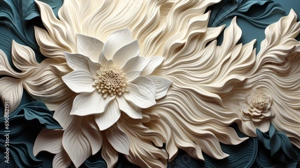 Fototapeta A delicate white blossom dances in a sea of swirling blues and whites, evoking a sense of ethereal beauty and whimsy