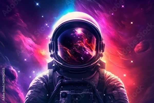 Fototapeta Astronaut in space with stars, a galaxy, a purple and blue nebula and galaxies reflected in his helmet. Generative AI 