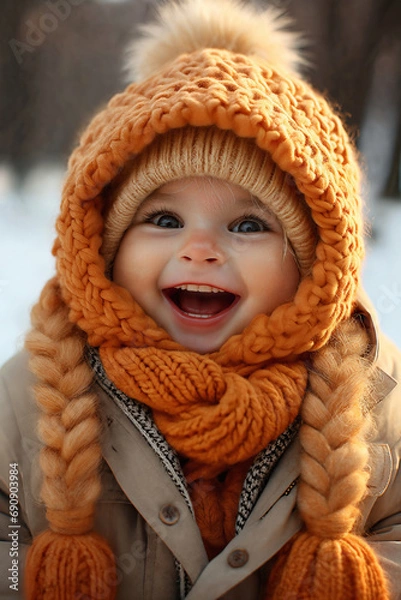 Fototapeta portrait of a child girl enjoying snow and winter