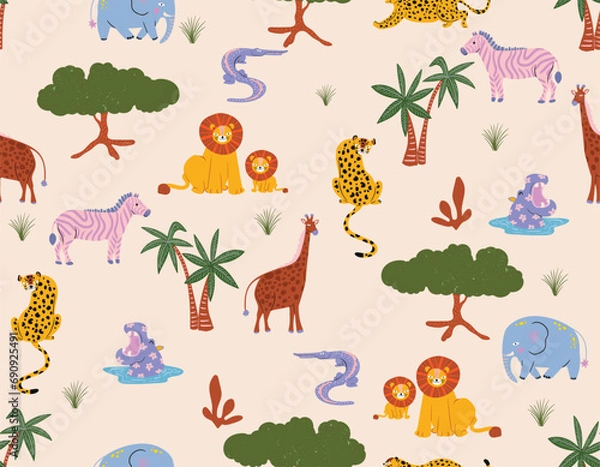 Fototapeta Cute Animal in safari forest pattern design as vector