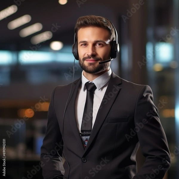 Obraz A professional man dressed in an elegant suit working as a call center manager - Generative AI