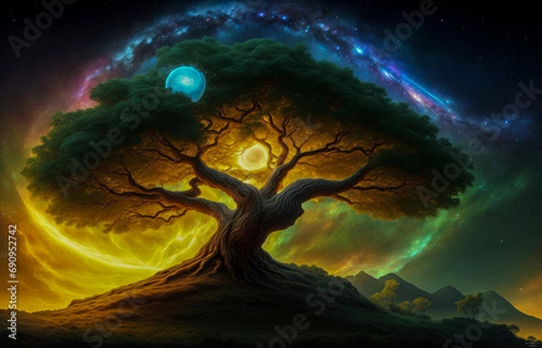 Obraz greenery oak tree powerful tree crown moon stars space