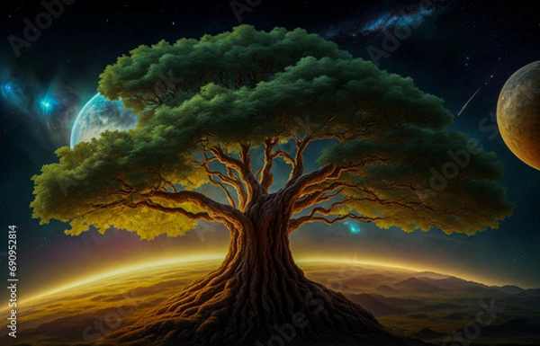 Obraz greenery oak tree powerful tree crown moon stars space
