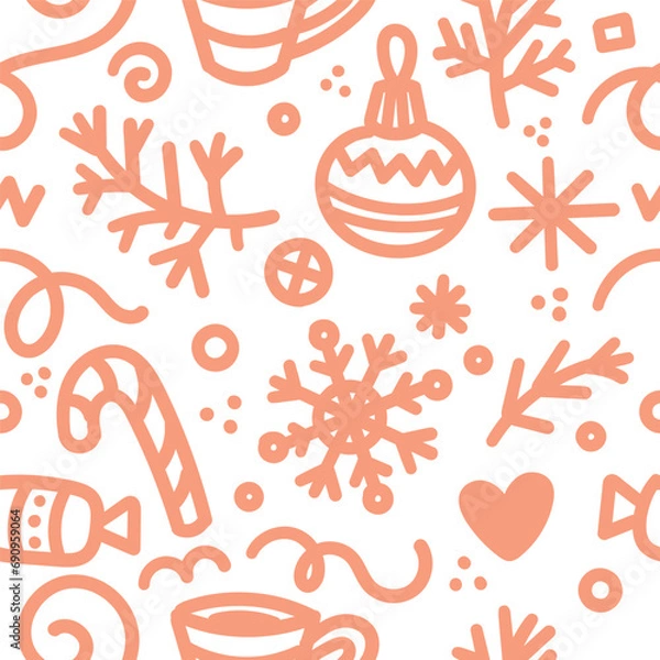 Fototapeta New Year seamless pattern on a white background. Winter doodle wallpaper with snowflakes, sweets and toys.