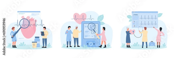 Fototapeta Heart health checkup, cardiology set vector illustration. Cartoon tiny people check heartbeats with cardiogram and stethoscope to research cardiovascular risks, doctors measure blood pressure