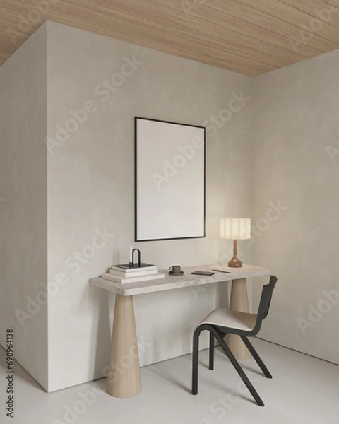 Fototapeta Japandi home office interior design with desk , chair and empty poster frame , mock up , 3d rendering