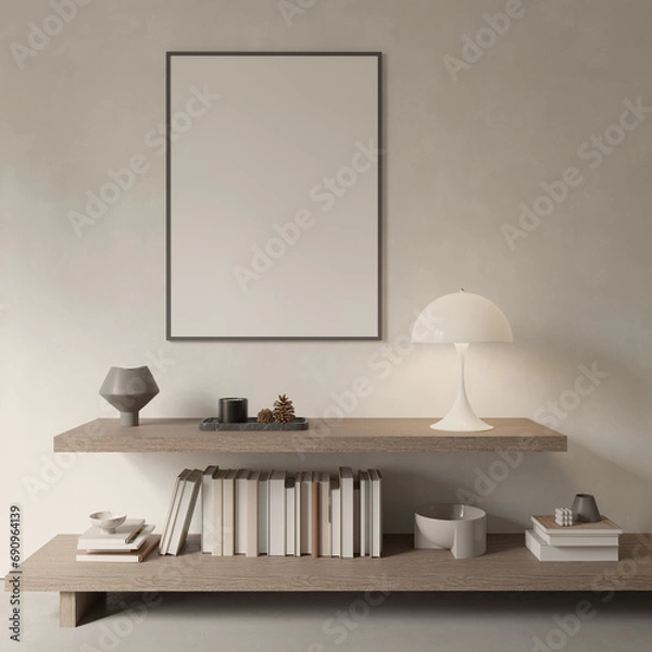 Fototapeta Japandi shelf design with decor , lamp and empty poster frame , mock up interior , 3d rendering