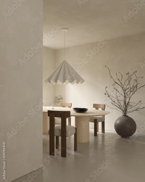 Fototapeta Japandi style living room design with table , chairs and decor , 3d rendering