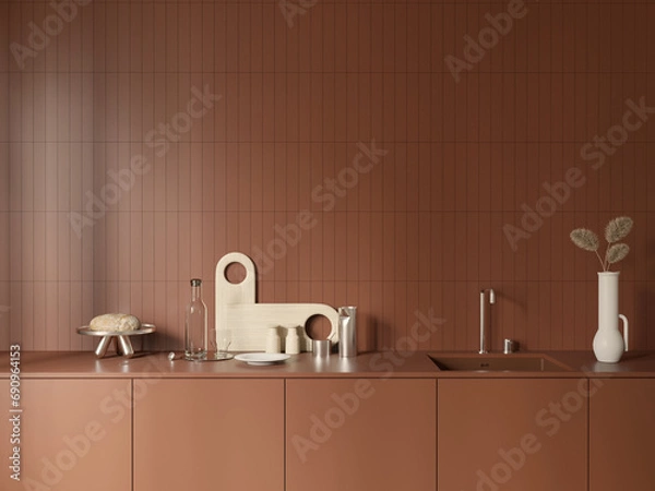 Fototapeta Modern terracotta kitchen close up design with sink and decor , background tiles , 3d rendering