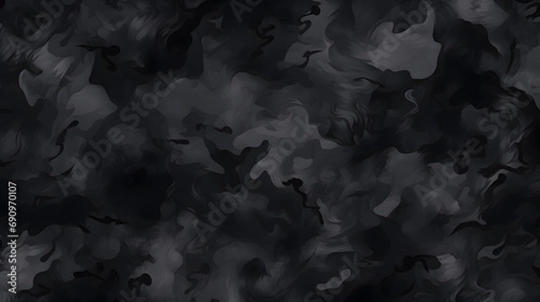 Obraz Seamless rough textured military, hunting or paintball camouflage pattern in a dark black and grey night palette. Tileable abstract contemporary classic camo fashion textile surface de. Generative AI.