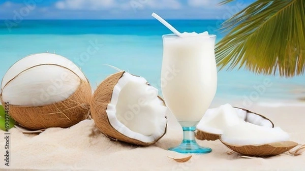 Fototapeta Coconut Drink on Tropical Beach with Palm Tree and Ocean in Background
