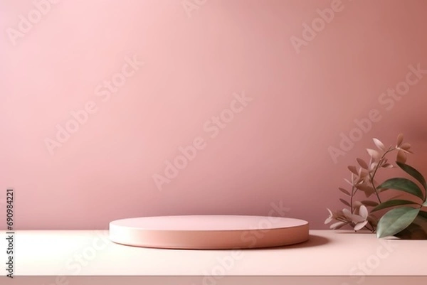 Fototapeta Empty Podium Display with Pink Background and Plant Accents
