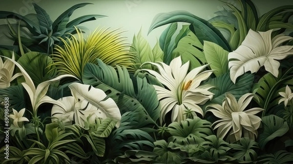 Fototapeta Vintage Background with Jungle Pattern Wallpaper. Tropical Forest, Palm Leaves, and Old Texture Drawing Mural
