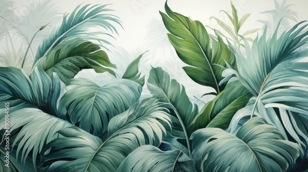Fototapeta Vintage Background with Jungle Pattern Wallpaper. Tropical Forest, Palm Leaves, and Old Texture Drawing Mural
