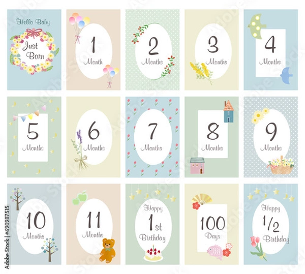 Obraz 赤ちゃんの成長記録：北欧風マンスリーカード,月齢フォトに添える可愛いカード