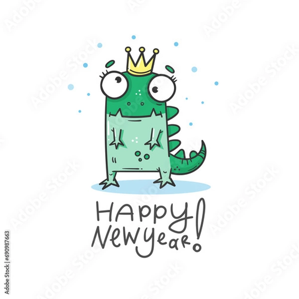 Fototapeta New Year card with cute cartoon dragon. Chinese calendar symbol. Vector holiday poster. Funny animal. Contour  doodle color image.