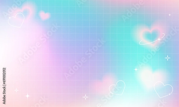 Fototapeta Gradient background with mesh and blurred hearts, geometric shapes, y2k style.Valentine's Day, wedding.Banner with copy space.Vector stock illustration.