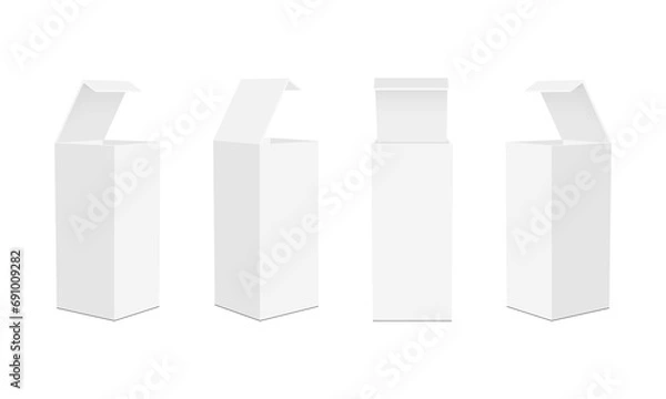Fototapeta Blank Tall Cardboard Rectangular Packaging Boxes, Opened Lid Mockups, Isolated On White Background. Vector Illustration