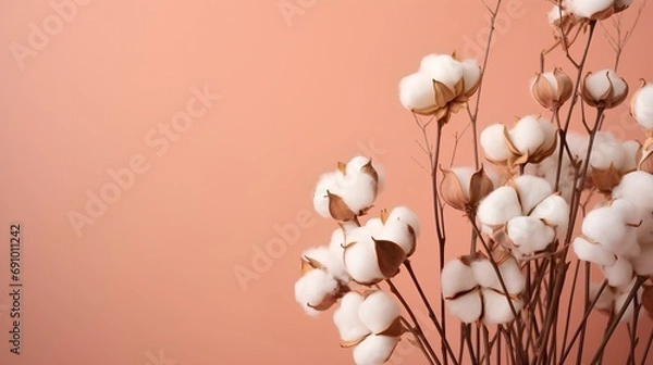 Fototapeta Delicate beauty of a cotton plant, set against a soft background that provides ample space for text, exuding an elegant and serene aesthetic.