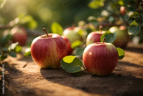 Fototapeta fresh apples. harvest of fresh organic apples. apple orchard with beautiful sunlight.
