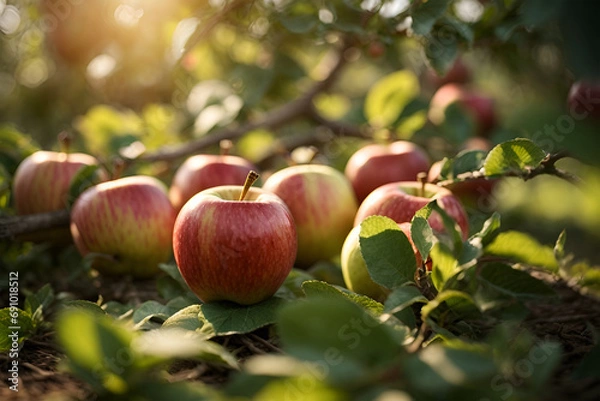 Fototapeta fresh apples. harvest of fresh organic apples. apple orchard with beautiful sunlight.
